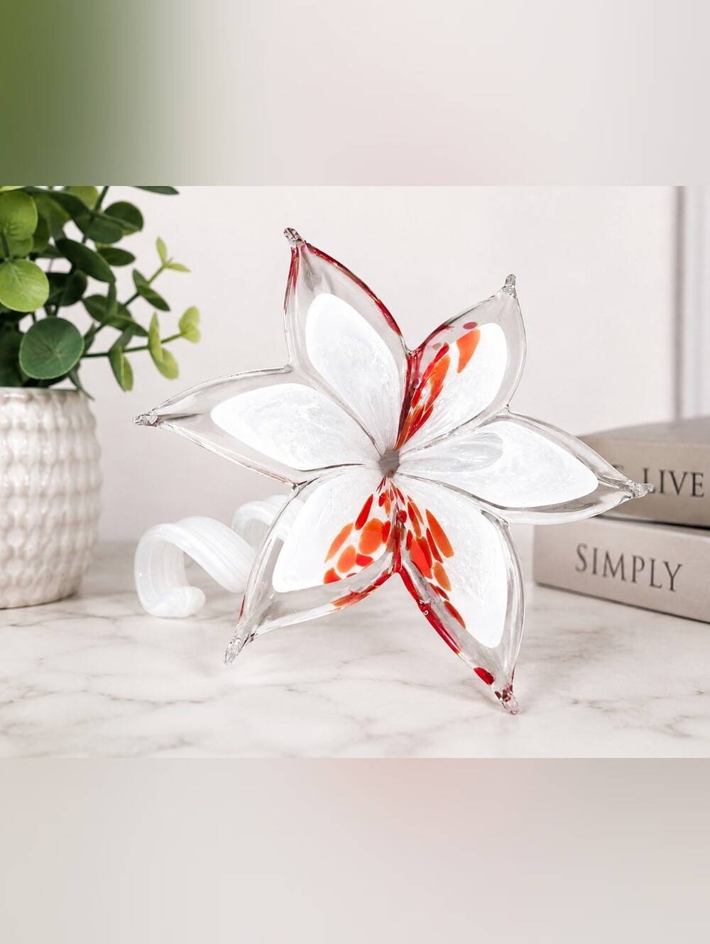 Vintage Murano-Style Art Glass Flower White, Clear & Red/Orange Hand-Blown Glass